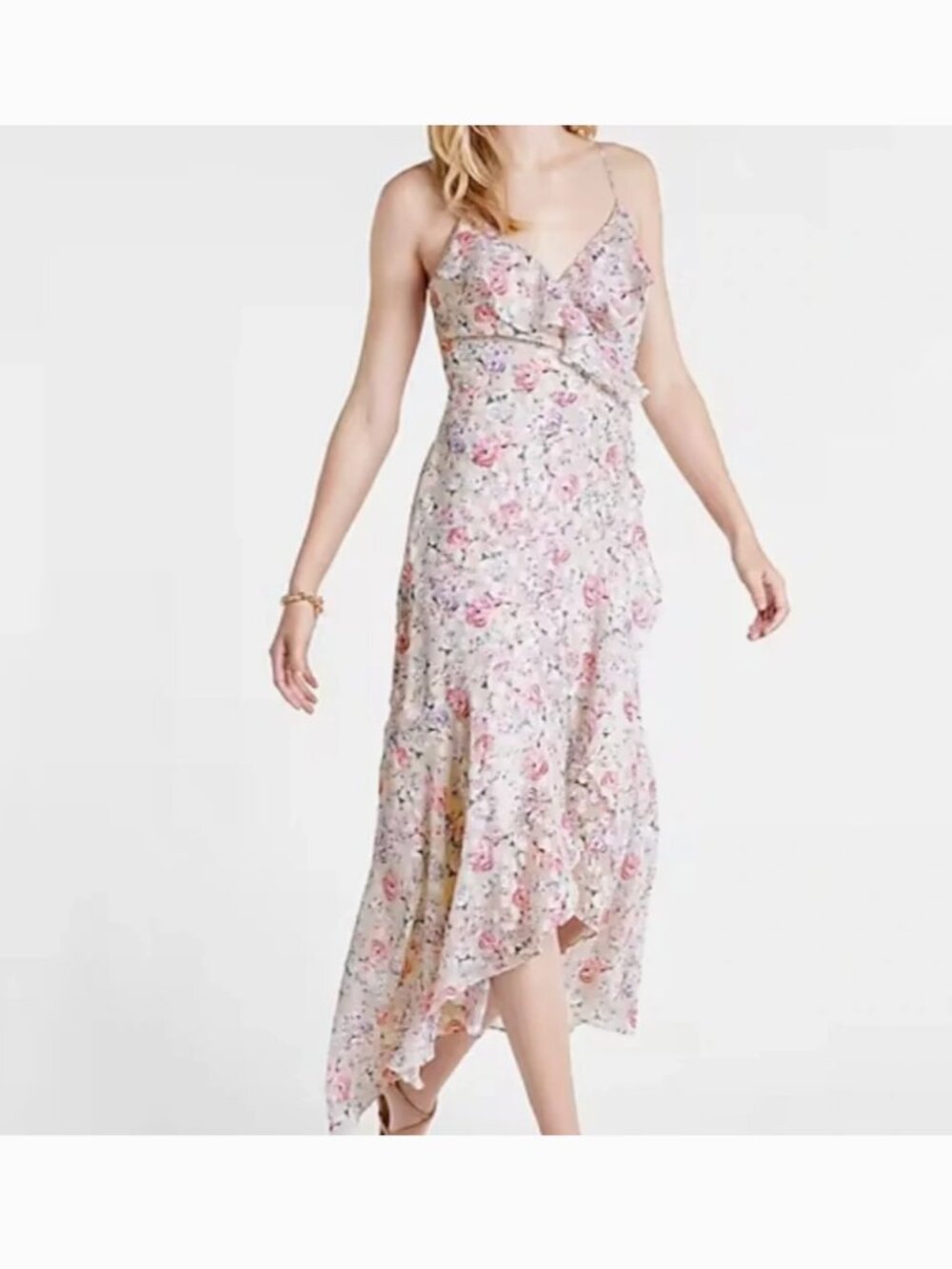 NWT Express Floral Print Ruffle Faux Wrap High Low Dress Size Medium Feminine